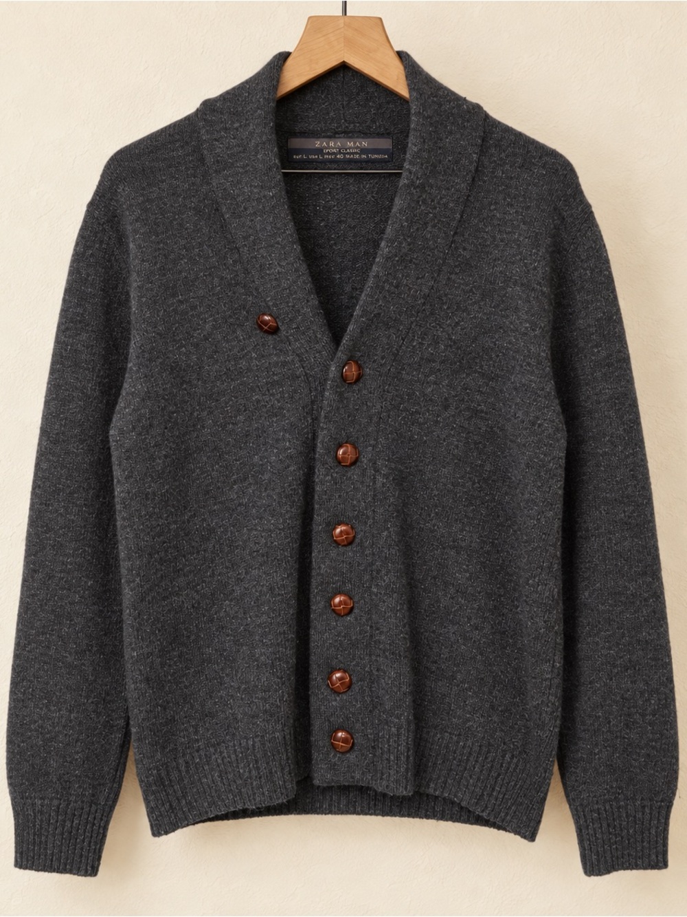 Zara 100% Wool Dark Gray Shawl Collar Buttoned Sweater